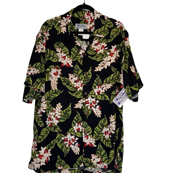 Mens L HAWAIIAN SHIRT original Kalakaua HANA Black Aloha Travel w front Pocket. - Picture 3 of 11